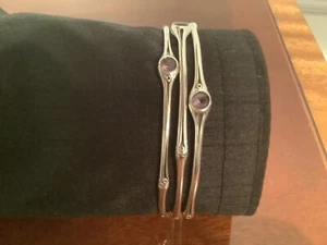 John Hardy Sterling Silver Set of 3 Bamboo Bangle Bracelets With Amythest Stones - Picture 1 of 3