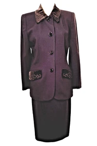 KASPER Women 2PC Brown Velvet Wool Notch Collar Skirt Suit Sz8 Petite VTG - Picture 1 of 13