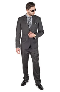 Slim Fit Suit 2 Button Dark Charcoal Grey AZAR MAN Flat Front Pants New Style - Picture 1 of 6