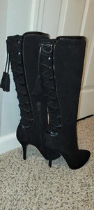 JOAN & DAVID SUEDE KNEE BOOTS REAR LACING LEATHER LINED 7 1/2 BLACK - Picture 1 of 12