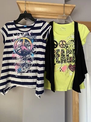 Girls Sz 10 Justice Tee Shirt LotTop Blue & White Stripe/green &black vest Top - Image 1 of 4
