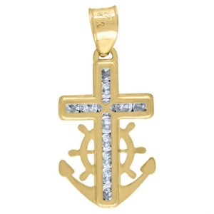 14K Yellow Gold Cubic Zirconia Anchor Cross Religious Charm Pendant 0.5gm - Picture 1 of 2