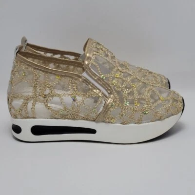 Tenis de plataforma bordados con brillo dorado metálico sin cordones de malla con lentejuelas para mujer Foto 1 de 4