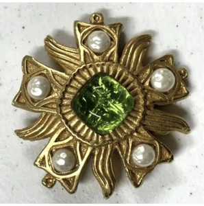 Dominique Aurientis Paris 1980s Gold Plated Green Stone Flower Brooch READ - Picture 1 of 6