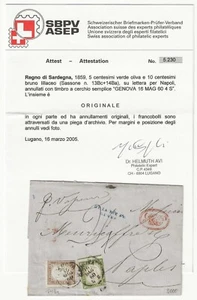 1859 Sardinien - 5 c. Sachsen 13 v. Chr. und 10 c. Sachsen 14Ba auf Falz Seeweg - Bild 1 von 3