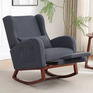 Nursery Rocking Chair with Footrest Pillow Glider Rocker Wingback Dark Grey - Picture 1 of 8