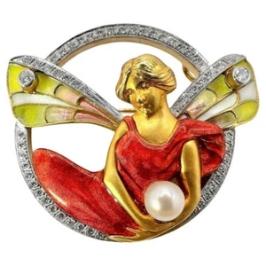 Exquisite Masriera Mythological Nymph Brooch in Gold, Diamonds, Pearl and Enamel - Picture 1 of 6