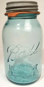 Vintage Ball Perfect Mason Jar Blue 1 Quart w/ Zinc Lid & Gasket 1923 1933 ERA - Picture 1 of 9