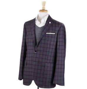 NWT $1095 LUIGI BIANCHI Gray and Purple Check Wool-Cashmere Sport Coat 42 R