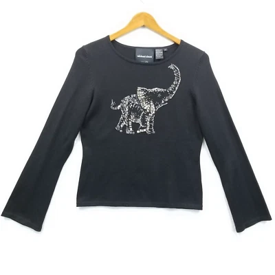 Vintage Michael Simon Sweater Women M Black Beaded Elephant Silk Cotton Pullover - Image 1 of 4