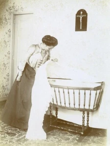 France Calais Mother Checking on her Baby in Crib Bed Old Photo 1900 - Picture 1 of 3