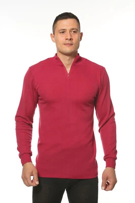 Camisa de lana merino para hombre capa base térmica manga larga cuello tortuga cremallera roja Foto 1 de 3