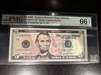 DBR 2006 $5 FRN Atlanta Gem STAR Fr. 1993-F* PMG 66 EPQ Serial IF01625438* - Image 1 of 2