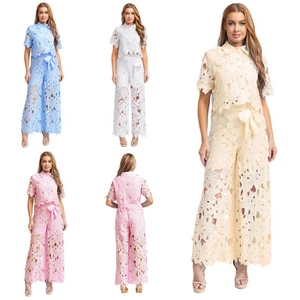 Women Floral Hollow Out Top Short Sleeve Wide Leg Pants Coordinated Chic Lapel - Picture 1 of 55