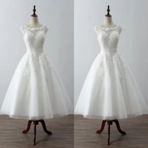 Short Sleeves Wedding Dresses Sweet Tulle Lace Elegant Tea Length Bridal Gowns - Picture 1 of 14