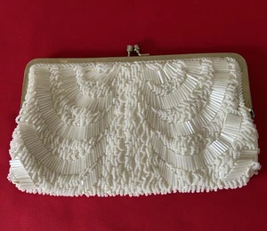 Vintage Clutch Fully Beaded Evening Bag Purse Ivory Satin Lining Chain Handle - Picture 1 of 10