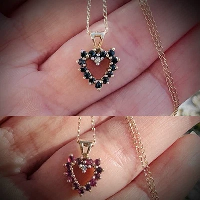 Reversible! Sapphire, Ruby, And Diamond Heart Pendant 10k Yellow Gold w. Chain - Image 1 of 4