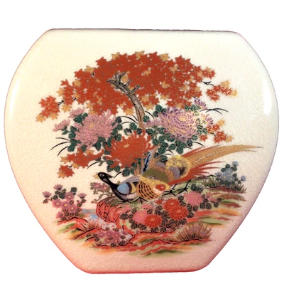 PEACOCK PILLOW VASE MING TAO CRACKLE GLAZE VINTAGE GOLD PAINTED 9" - Image 1 of 4