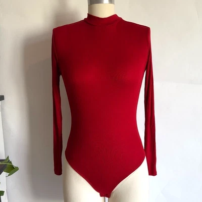 NEW Olivaceous Ribbed Mock Neck Long Sleeve Bodysuit-Ruby Red-Size S- RRP $49 - Image 1 of 4