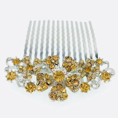 Flower Hair Comb Hairpin use Swarovski Crystal Bridal Wedding Silver Brown 5-21 - Image 1 of 4