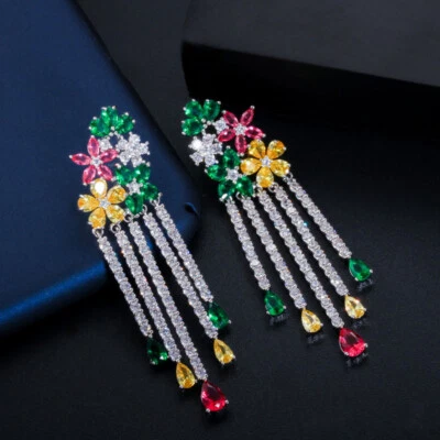 Silver Plated Cubic Zircon Multicolor Flower 925 Silver Long Tassel Drop Earring - Image 1 of 4
