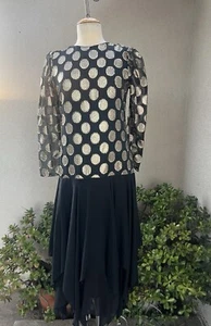 Vtg Cocktail Dress Black Chiffon Gold Metallic Sz M Simon Sez - Picture 1 of 10
