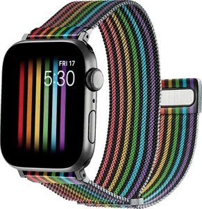 Bracelet maille acier platine pour Apple 42/44/45 mm et Ultra 49 mm - Pride Rainbow/Noir - Photo 1 sur 7
