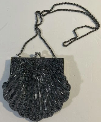Walborg VTG Clam Shell Slate Gray Beaded Purse Evening Bag KISS Lock Hong Kong - Image 1 of 4