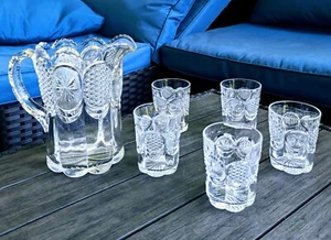 EAPG Antique THE STATES Pitcher US GLASS 44oz Pressed 5 Glasses c1908 Star Cane - Picture 1 of 16
