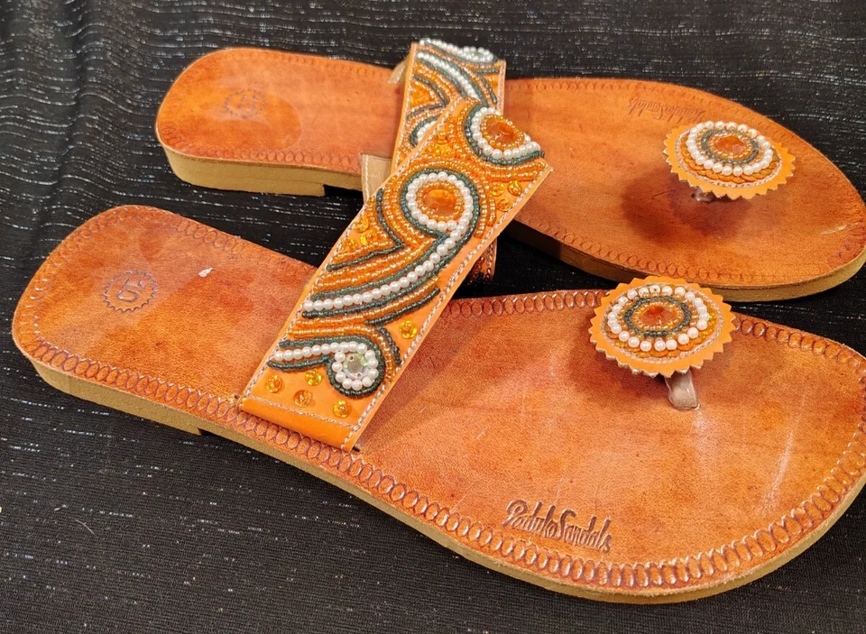 PADUKA SANDALS, Leather, Colorfully Beaded, Women's Size 10, Flats, Toe Post - Image 1 of 4