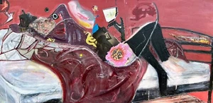 MOTHERHOOD Pink Red Woman Laying & Bird Collage Painting - Picture 1 of 9