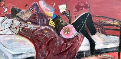 MOTHERHOOD Pink Red Woman Laying & Bird Collage Painting - Image 1 of 4