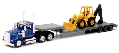 NEW RAY KENWORTH W900 LOWBOY W/ BACKHOE LOADER LONG HAUL TRUCKER 1:43 SCALE - Image 1 of 2