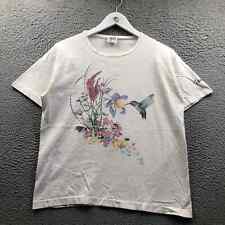 Vintage 90s Anvil Vermont T-Shirt Womens M Short Sleeve Flower Hummingbird White