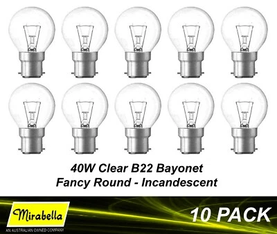 10 x 40W Clear Fancy Round Light Globes Bulbs Lamps Incandescent Bayonet Cap B22 - Image 1 of 3
