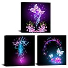 iKNOW FOTO Canvas Set of 3 Abstract Purple Butterfly Wall Art Flower Painting...