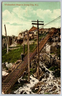 Jersey City New Jersey~Man on Weehawken Steps~Furniture Store Ad on Rock~c1910 - Image 1 of 2