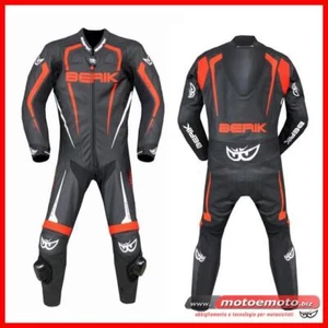 Tuta Moto Pelle Intera Berik 171334 Polimar Nero Rosso Fluo - Foto 1 di 1