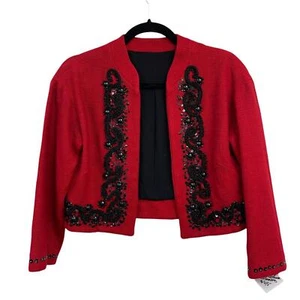 Bolero de lana rojo vintage negro con cuentas lentejuelas chaqueta corta vacaciones tweed - Imagen 1 de 3