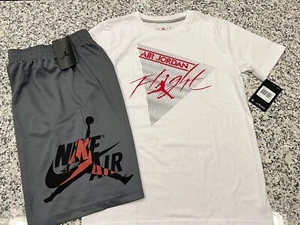 NWT NIKE AIR JORDAN BOY'S 2 PC SET WHITE SHORT SLEEVE GRAY MESH SHORTS L (12-13) - Picture 1 of 3