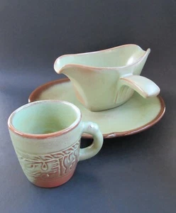 Orig.  FRANKOMA Pottery  Prairie Green  10" Dinner Plate + Gravy Boat + Mug/Cup - Picture 1 of 12