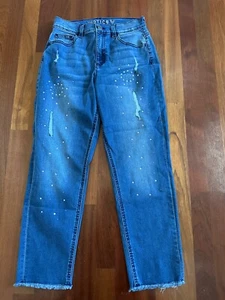 Justice Girls Size 16 Denim Distressed Jean Cropped Pants with Sequins - Picture 1 of 8