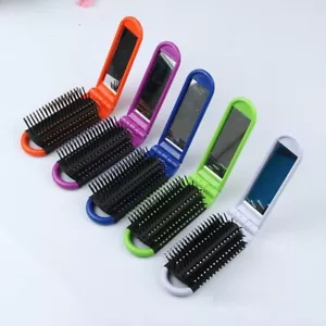 NEW Folding Hair Brush Mirror Compact Pocket Size Travel Car For Purse Bag - Picture 1 of 3