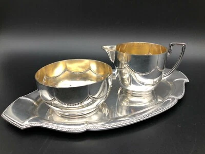 Zucker Sahne Tablett antik Jugendstil WMF Fächermuster 900 Perlrand innen gold - Bild 1 von 4