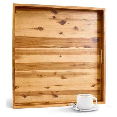 Bandeja otomana de madera de acacia de 24 pulgadas - Bandeja cuadrada de madera para servir con asas  Foto 1 de 4