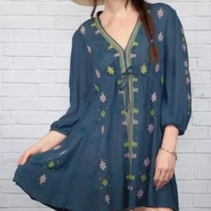 Free People 'Star Gazer' Embroidered Tunic Dress Blue Size M - Picture 1 of 11