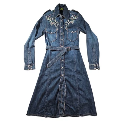 油性女式牛仔连衣裙 34 码花卉刺绣长袖腰带 — 第 1/4 张图片