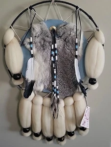 DREAM Catcher Native American Rabbit Fur Wool Feathers Beaded Large Vintage - Picture 1 of 8