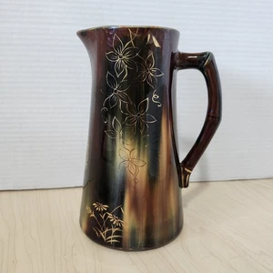 VINTAGE LUSTERWARE PITCHER Brown Flowing Glaze Gold Floral Design Antique Art - Picture 1 of 13