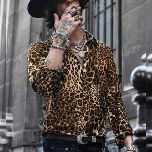 Men's Loose Casual Fashion Leopard Print Button Up Polo Long Sleeve Shirt - Picture 1 of 15